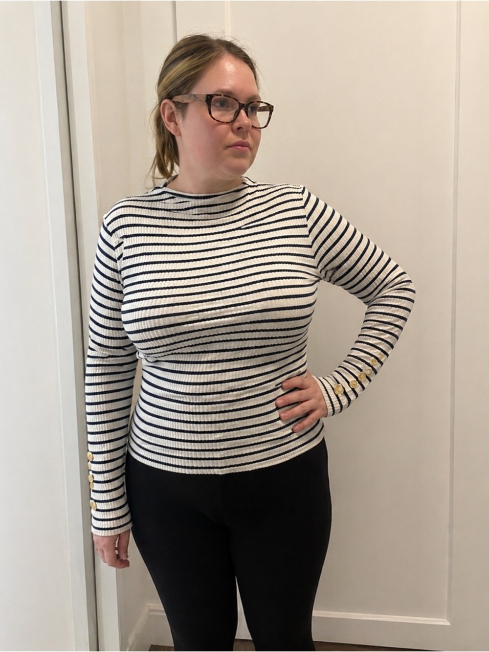 J.Crew Navy & Ivory Breton Stripe Top Sweater XL Gold Button Sleeve Parisian
